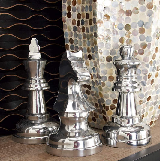 Chess Silver Metal Sculptures Set of 3